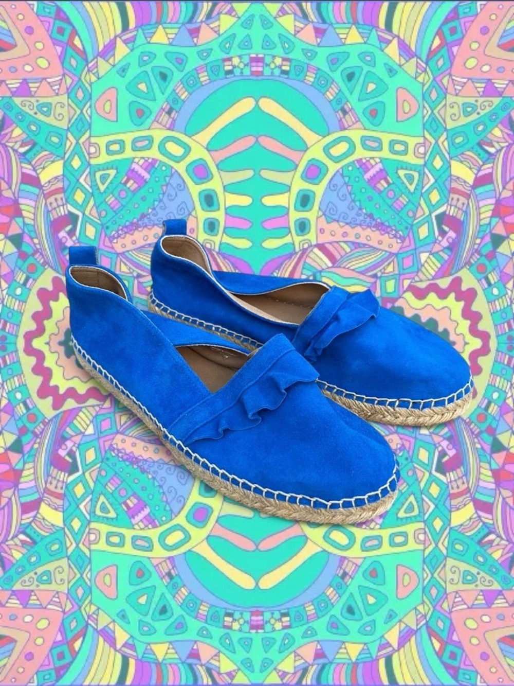 Anthropologie Brand New Bright Blue Suede Ruffle Espadrilles Women Made in Spain